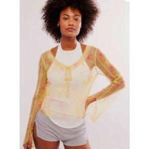 Free People Sheer Yellow and Pink Floral Blouse